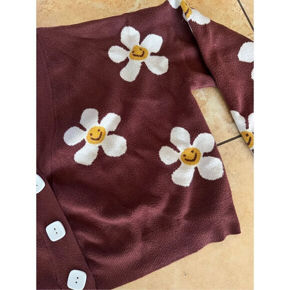 Oversized Slouchy Cropped Smiley Flower Daisy Brown Cardigan Sweater Hippie M/L - Picture 3 of 3
